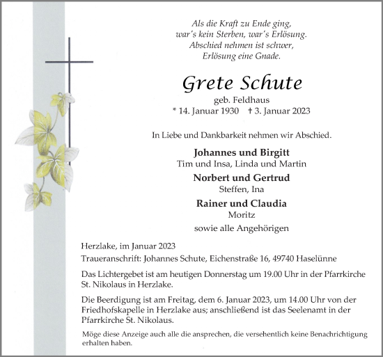 Traueranzeige von Grete Schute von Neue Osnabrücker Zeitung GmbH & Co. KG