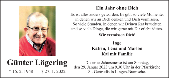 Traueranzeige von Günter Lögering von Neue Osnabrücker Zeitung GmbH & Co. KG