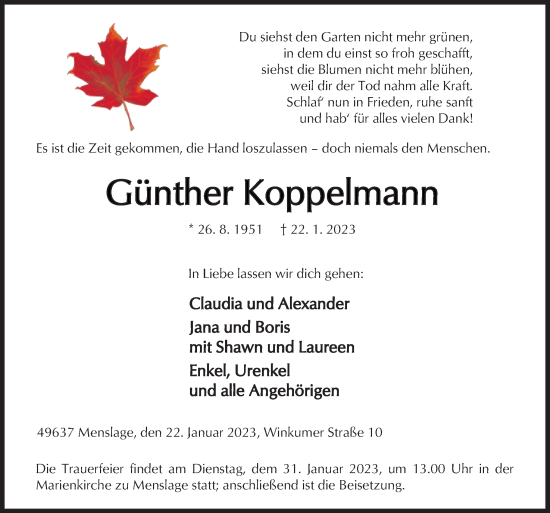 Traueranzeige von Günther Koppelmann von Neue Osnabrücker Zeitung GmbH & Co. KG