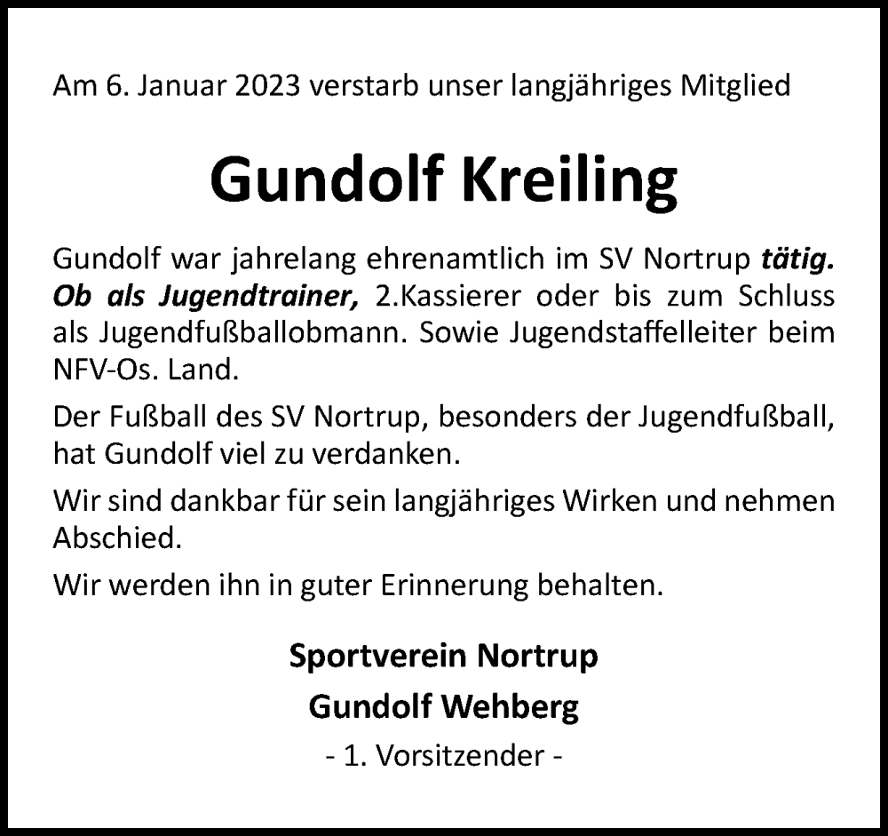  Traueranzeige für Gundolf Kreiling vom 11.01.2023 aus Neue Osnabrücker Zeitung GmbH & Co. KG