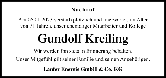 Traueranzeige von Gundolf Kreiling von Neue Osnabrücker Zeitung GmbH & Co. KG