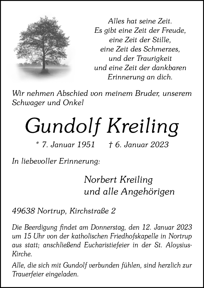  Traueranzeige für Gundolf Kreiling vom 10.01.2023 aus Neue Osnabrücker Zeitung GmbH & Co. KG