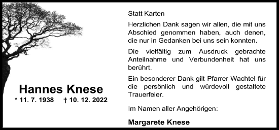 Traueranzeige von Hannes Knese von DK Medien GmbH & Co. KG