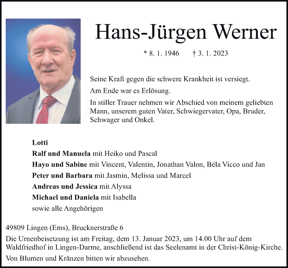  Traueranzeige für Hans-Jürgen Werner vom 07.01.2023 aus Neue Osnabrücker Zeitung GmbH & Co. KG