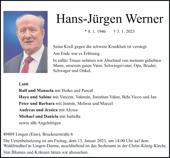 Traueranzeige von Hans-Jürgen Werner von Neue Osnabrücker Zeitung GmbH & Co. KG