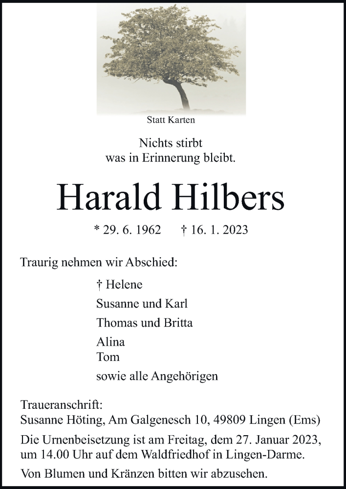  Traueranzeige für Harald Hilbers vom 25.01.2023 aus Neue Osnabrücker Zeitung GmbH & Co. KG