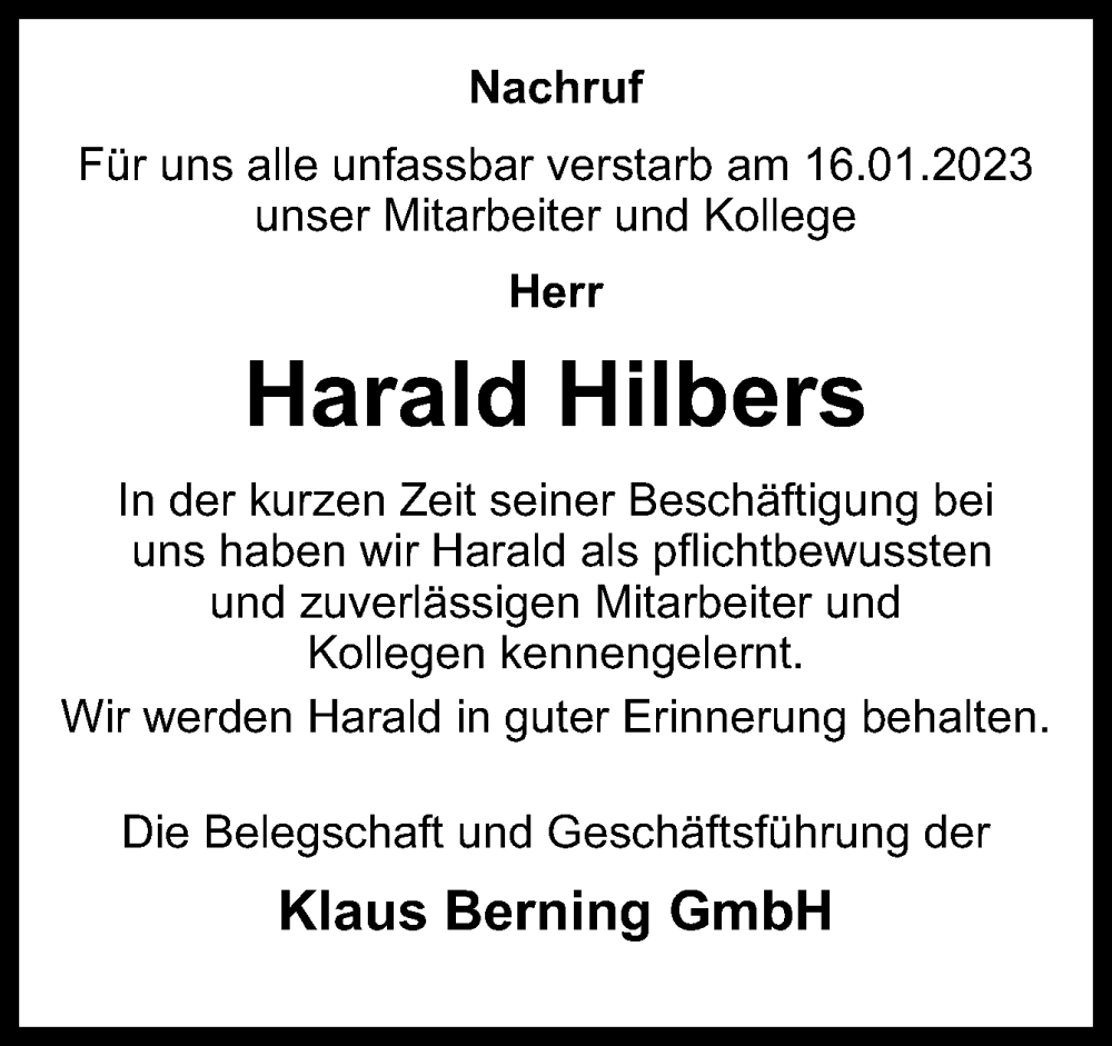  Traueranzeige für Harald Hilbers vom 27.01.2023 aus Neue Osnabrücker Zeitung GmbH & Co. KG