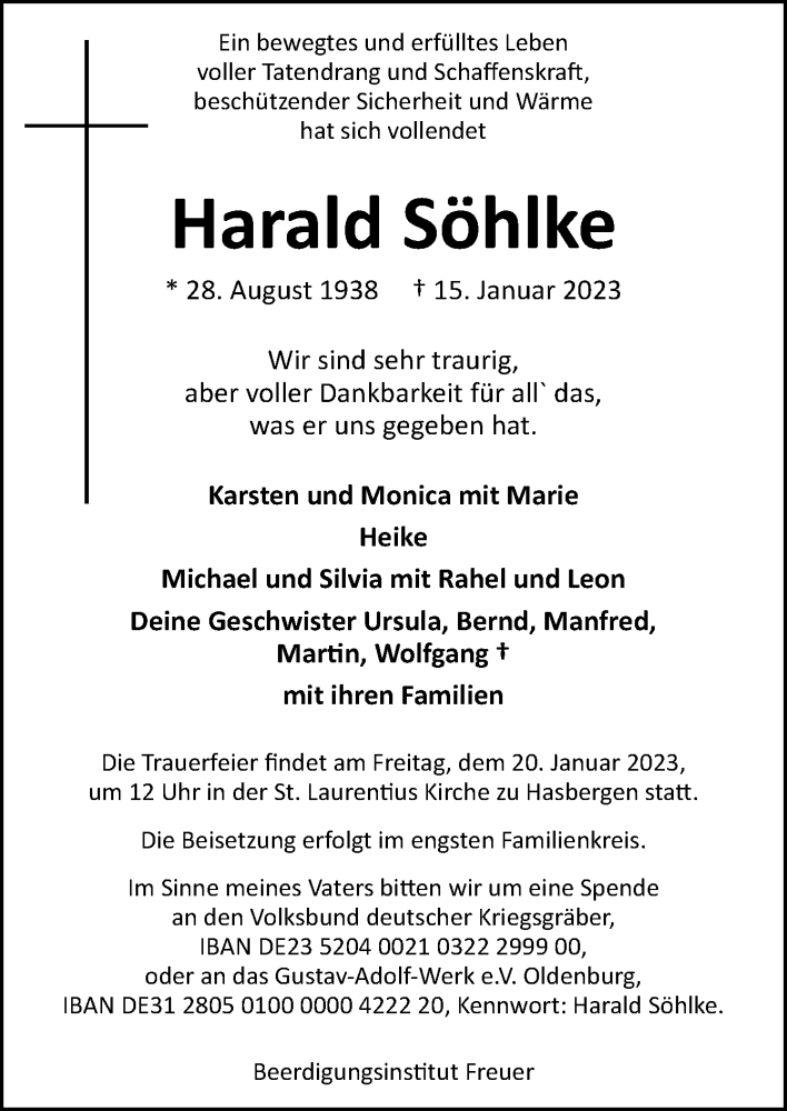  Traueranzeige für Harald Söhlke vom 17.01.2023 aus DK Medien GmbH & Co. KG