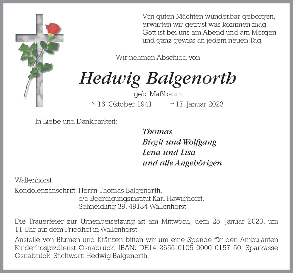  Traueranzeige für Hedwig Balgenorth vom 21.01.2023 aus Neue Osnabrücker Zeitung GmbH & Co. KG