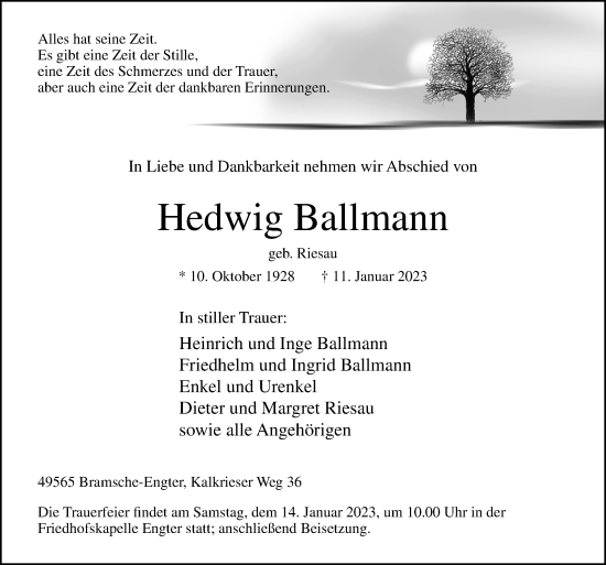 Traueranzeige von Hedwig Ballmann von Neue Osnabrücker Zeitung GmbH & Co. KG