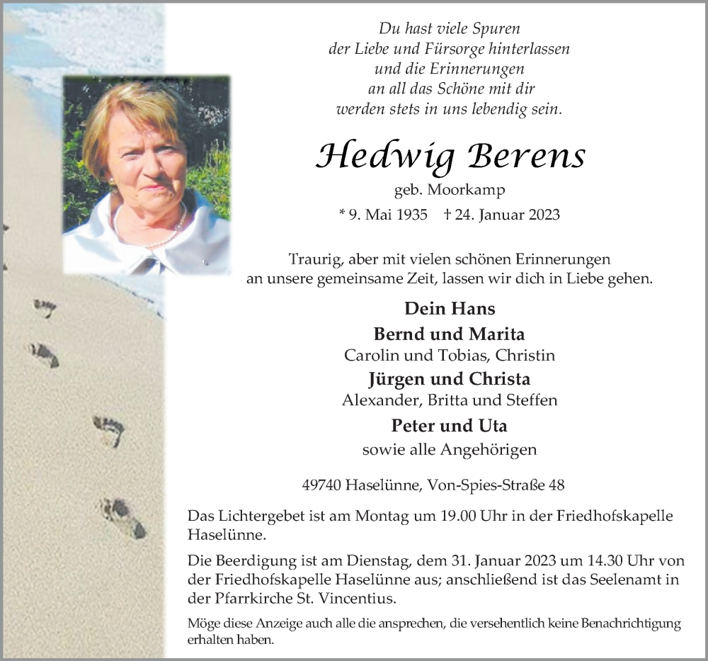  Traueranzeige für Hedwig Berens vom 27.01.2023 aus Neue Osnabrücker Zeitung GmbH & Co. KG