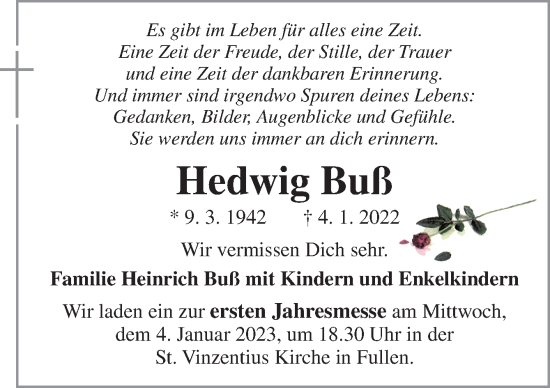 Traueranzeige von Hedwig Buß von Neue Osnabrücker Zeitung GmbH & Co. KG