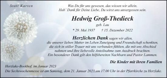 Traueranzeige von Hedwig Groß-Thedieck von Neue Osnabrücker Zeitung GmbH & Co. KG