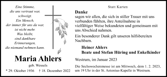 Traueranzeige von Heiner Ahlers von Neue Osnabrücker Zeitung GmbH & Co. KG