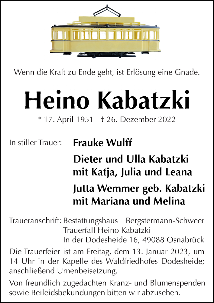  Traueranzeige für Heino Kabatzki vom 07.01.2023 aus Neue Osnabrücker Zeitung GmbH & Co. KG