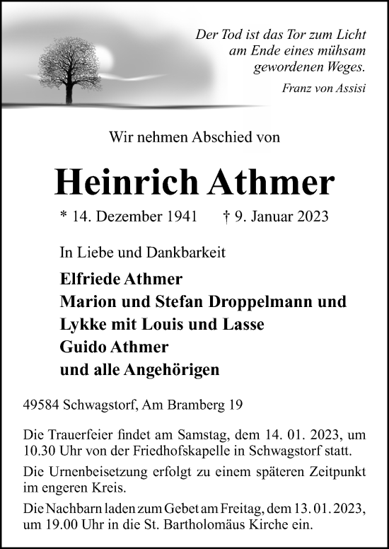 Traueranzeige von Heinrich Athmer von Neue Osnabrücker Zeitung GmbH & Co. KG