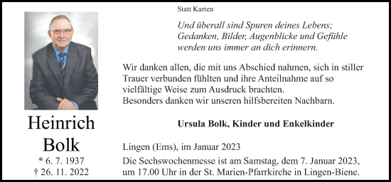 Traueranzeige von Heinrich Bolk von Neue Osnabrücker Zeitung GmbH & Co. KG