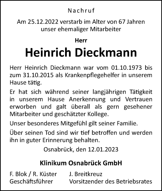 Traueranzeige von Heinrich Dieckmann von Neue Osnabrücker Zeitung GmbH & Co. KG