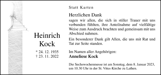 Traueranzeige von Heinrich Kock von Neue Osnabrücker Zeitung GmbH & Co. KG