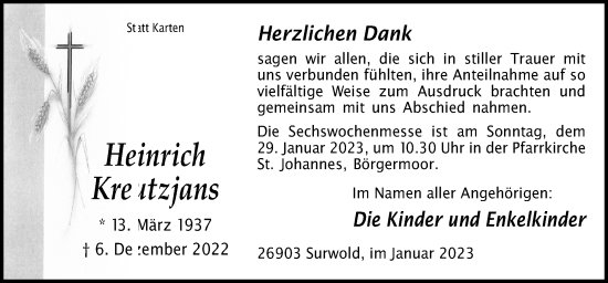 Traueranzeige von Heinrich Kreutzjans von Neue Osnabrücker Zeitung GmbH & Co. KG