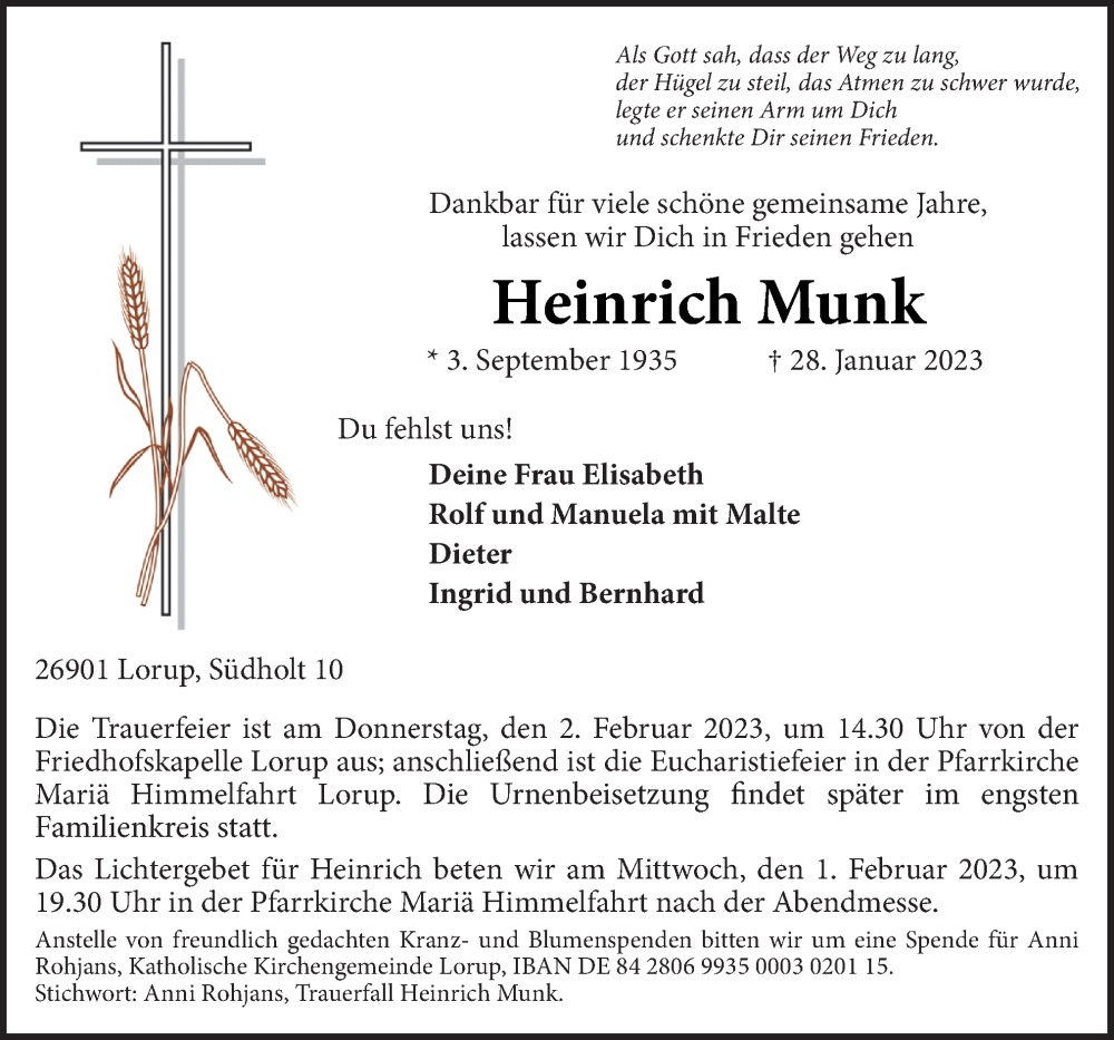  Traueranzeige für Heinrich Munk vom 31.01.2023 aus Neue Osnabrücker Zeitung GmbH & Co. KG