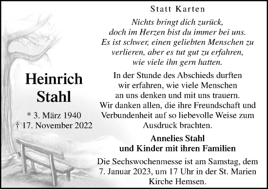 Traueranzeige von Heinrich Stahl von Neue Osnabrücker Zeitung GmbH & Co. KG