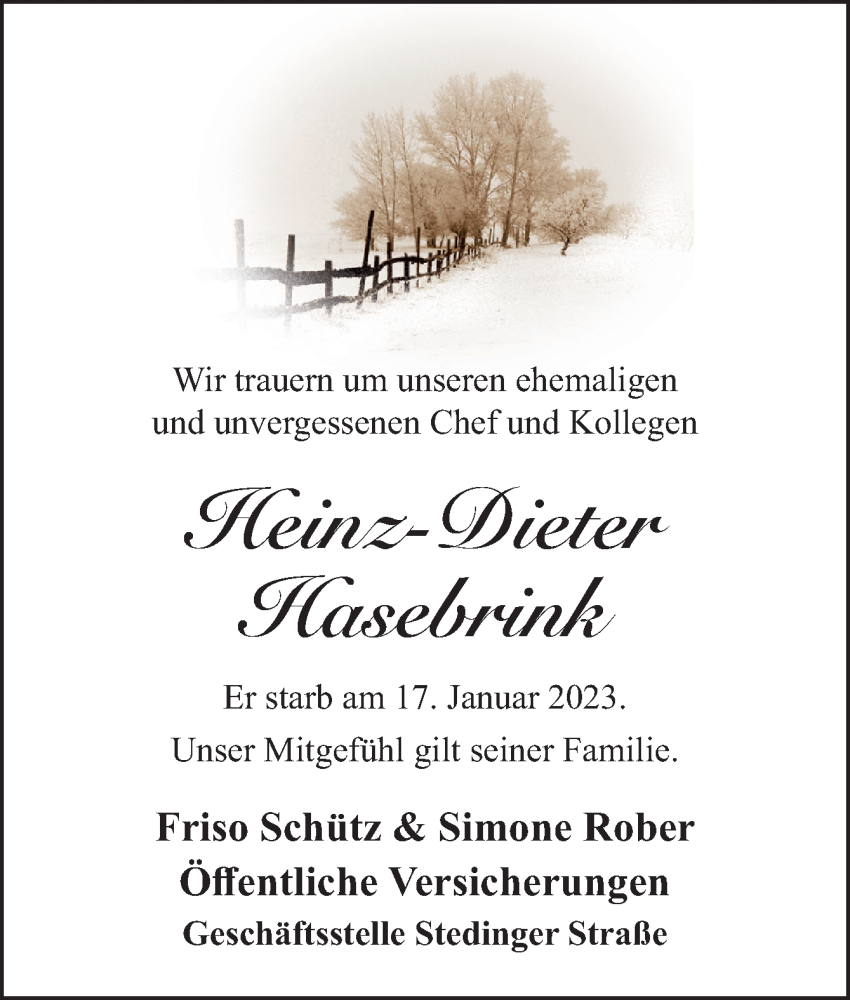  Traueranzeige für Heinz-Dieter Hasebrink vom 21.01.2023 aus DK Medien GmbH & Co. KG