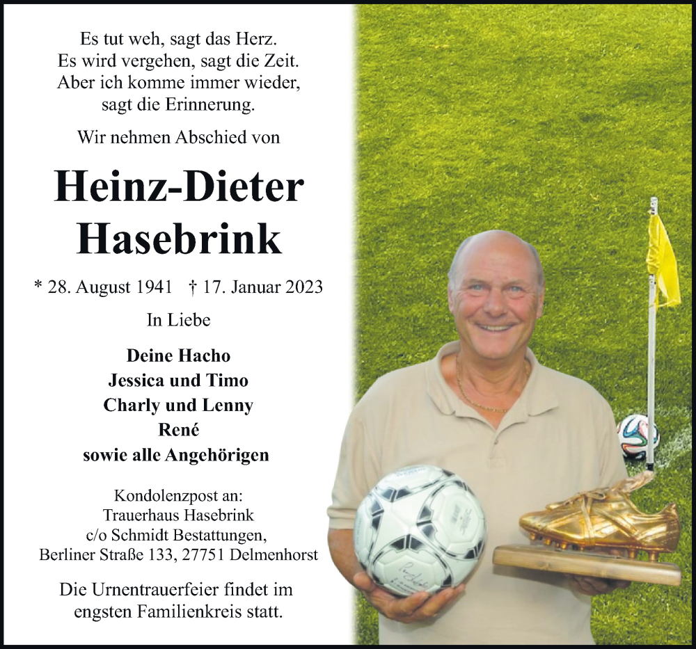  Traueranzeige für Heinz-Dieter Hasebrink vom 21.01.2023 aus DK Medien GmbH & Co. KG