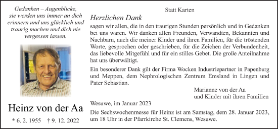 Traueranzeige von Heinz von der Aa von Neue Osnabrücker Zeitung GmbH & Co. KG