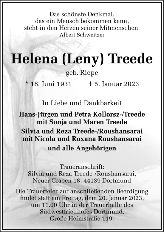 Traueranzeige von Helena  Treede von Neue Osnabrücker Zeitung GmbH & Co. KG