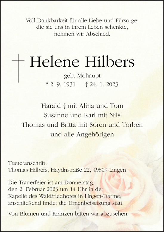 Traueranzeige von Helene Hilbers von Neue Osnabrücker Zeitung GmbH & Co. KG