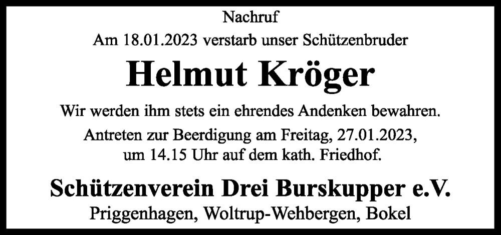  Traueranzeige für Helmut Kröger vom 26.01.2023 aus Neue Osnabrücker Zeitung GmbH & Co. KG