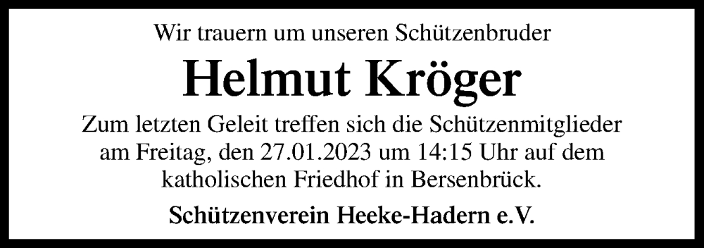  Traueranzeige für Helmut Kröger vom 24.01.2023 aus Neue Osnabrücker Zeitung GmbH & Co. KG