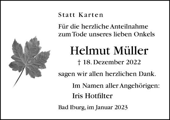 Traueranzeige von Helmut Müller von Neue Osnabrücker Zeitung GmbH & Co. KG