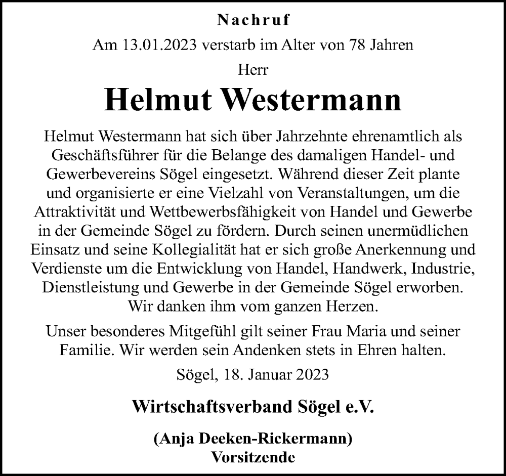  Traueranzeige für Helmut Westermann vom 18.01.2023 aus Neue Osnabrücker Zeitung GmbH & Co. KG