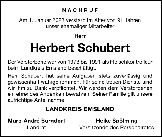 Traueranzeige von Herbert Schubert von Neue Osnabrücker Zeitung GmbH & Co. KG