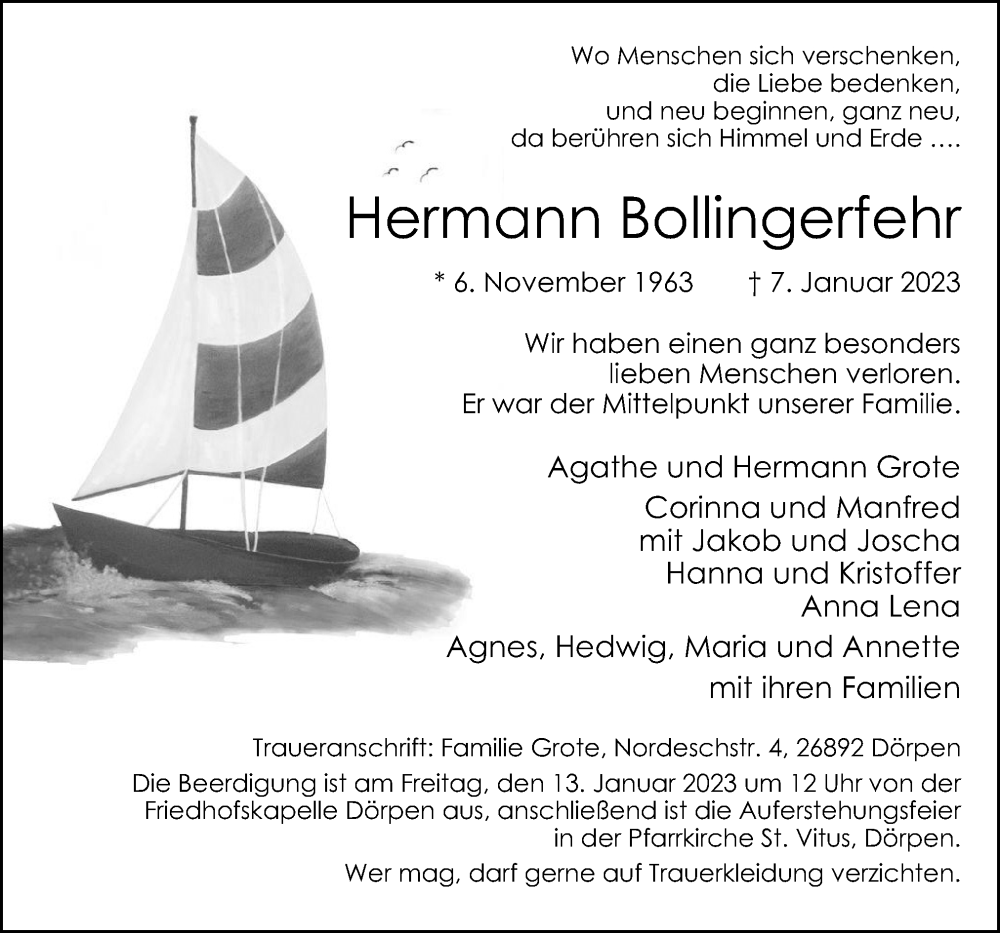  Traueranzeige für Hermann Bollingerfehr vom 10.01.2023 aus Neue Osnabrücker Zeitung GmbH & Co. KG