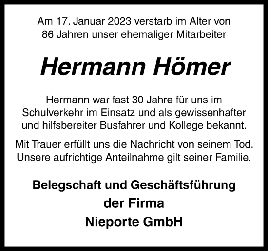 Traueranzeige von Hermann Hömer von Neue Osnabrücker Zeitung GmbH & Co. KG