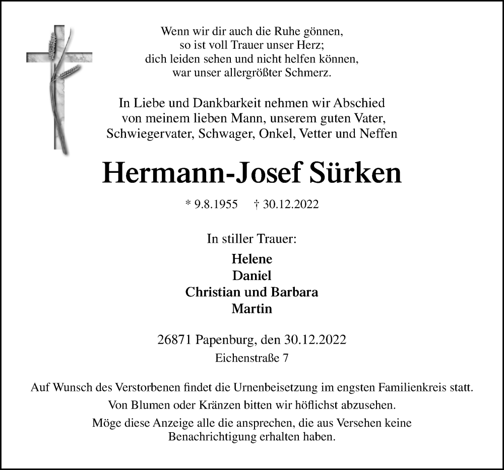  Traueranzeige für Hermann-Josef Sürken vom 04.01.2023 aus Neue Osnabrücker Zeitung GmbH & Co. KG