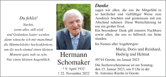 Traueranzeige von Hermann Schomaker von Neue Osnabrücker Zeitung GmbH & Co. KG