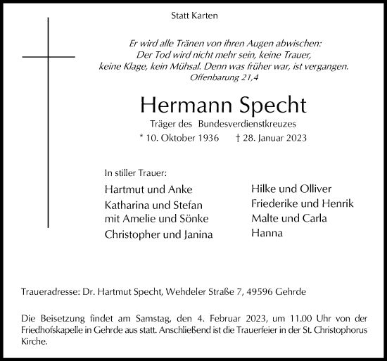 Traueranzeige von Hermann Specht von Neue Osnabrücker Zeitung GmbH & Co. KG