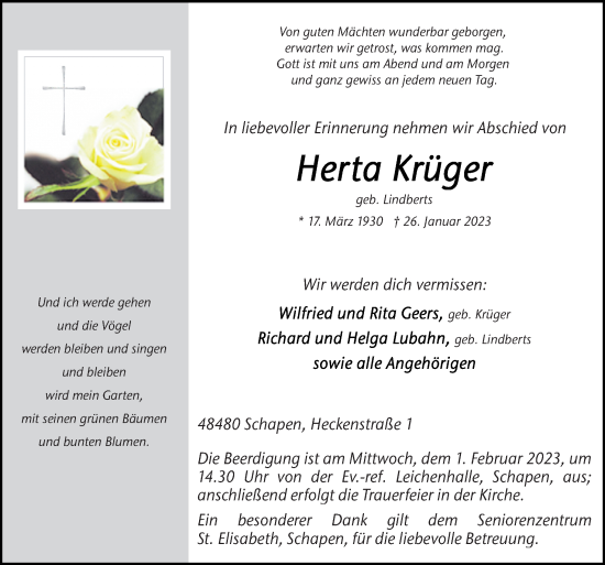 Traueranzeige von Herta Krüger von Neue Osnabrücker Zeitung GmbH & Co. KG