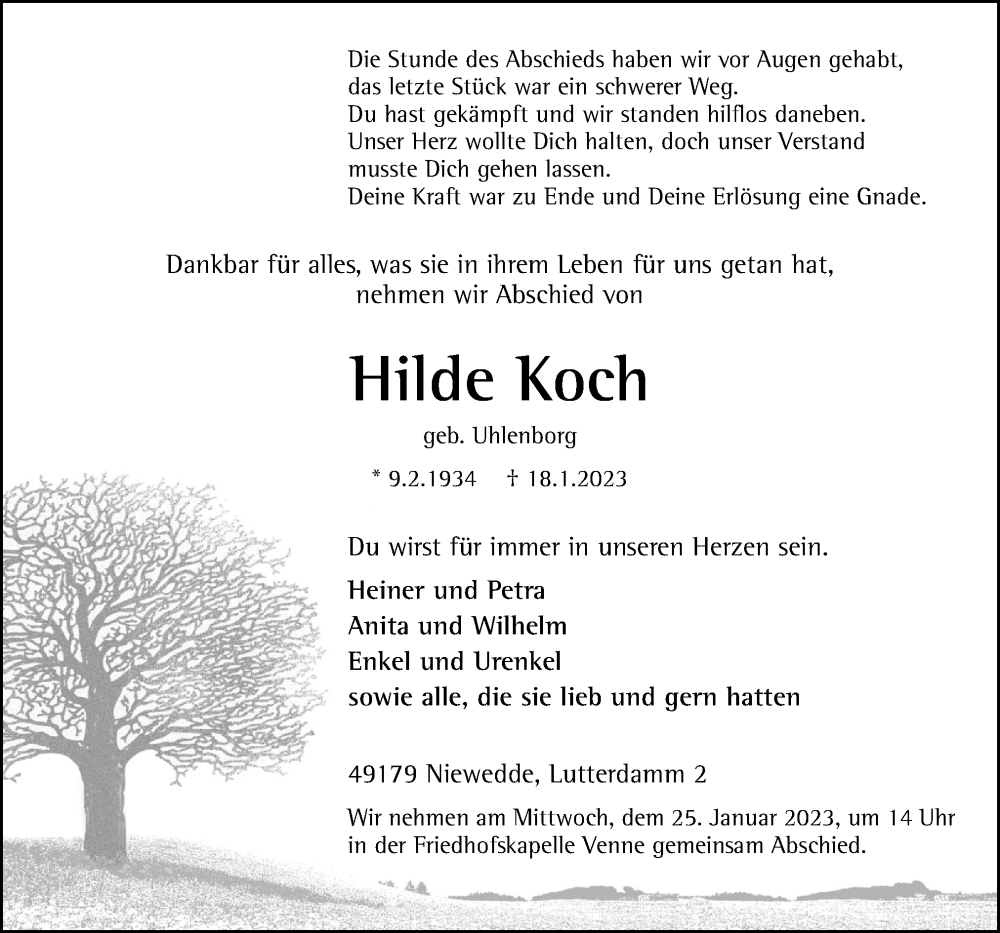  Traueranzeige für Hilde Koch vom 21.01.2023 aus Neue Osnabrücker Zeitung GmbH & Co. KG