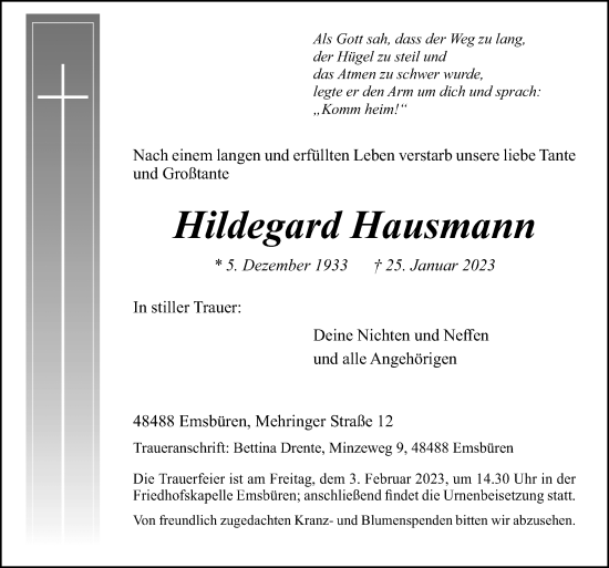 Traueranzeige von Hildegard Hausmann von Neue Osnabrücker Zeitung GmbH & Co. KG