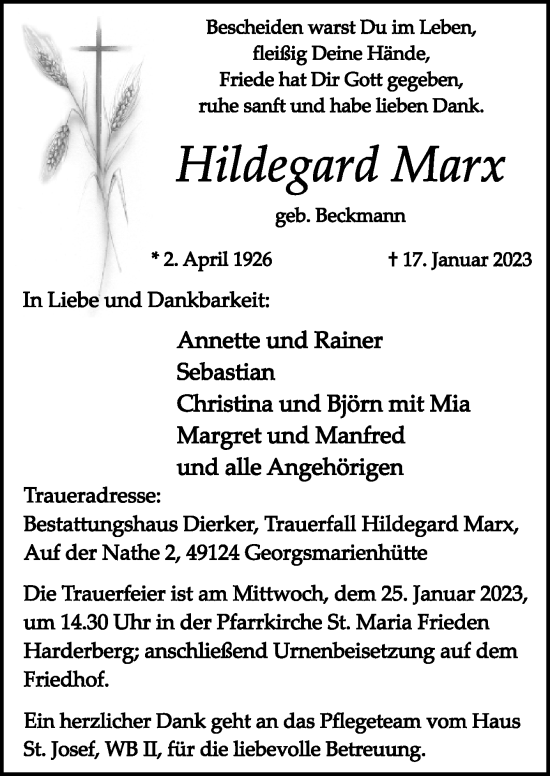 Traueranzeige von Hildegard Marx von Neue Osnabrücker Zeitung GmbH & Co. KG
