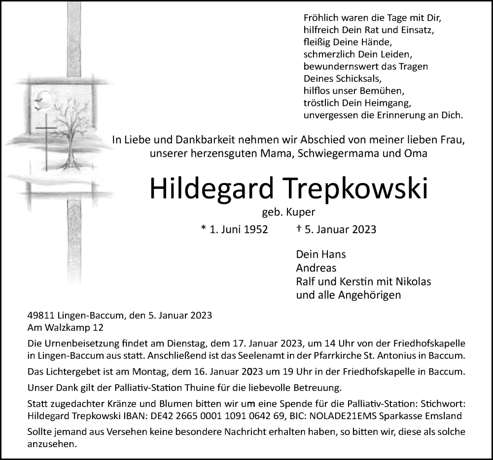  Traueranzeige für Hildegard Trepkowski vom 11.01.2023 aus Neue Osnabrücker Zeitung GmbH & Co. KG