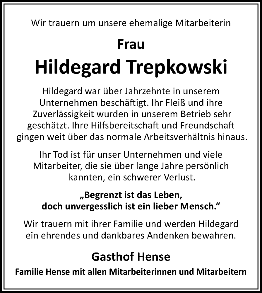  Traueranzeige für Hildegard Trepkowski vom 14.01.2023 aus Neue Osnabrücker Zeitung GmbH & Co. KG