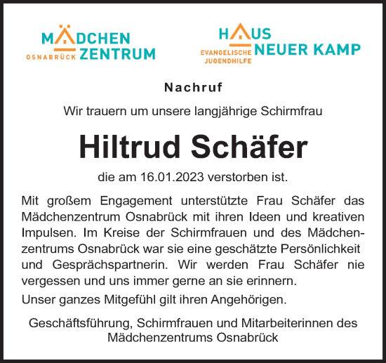 Traueranzeige von Hiltrud Schäfer von Neue Osnabrücker Zeitung GmbH & Co. KG