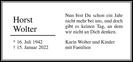 Traueranzeige von Horst Wolter von Neue Osnabrücker Zeitung GmbH & Co. KG
