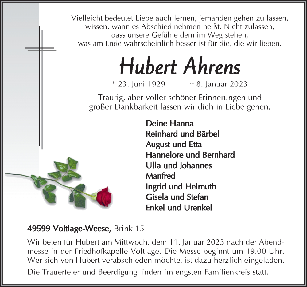  Traueranzeige für Hubert Ahrens vom 10.01.2023 aus Neue Osnabrücker Zeitung GmbH & Co. KG